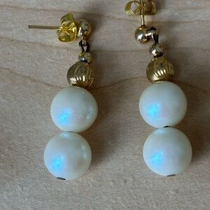 Elegant Gold Tone and Cream Faux Pearl Drop Earrings